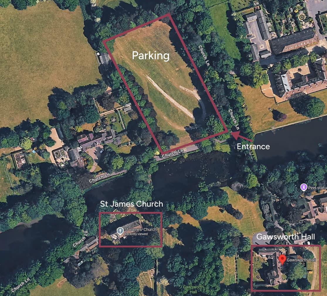Map of Church Lane showing St James' Church, Gawsworth Hall, parking, and the entrance